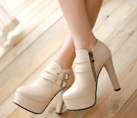 Round Toe High Heels Platform Rivets Buckle Spring Autumn Zipper Short Ankle Boots on Luulla