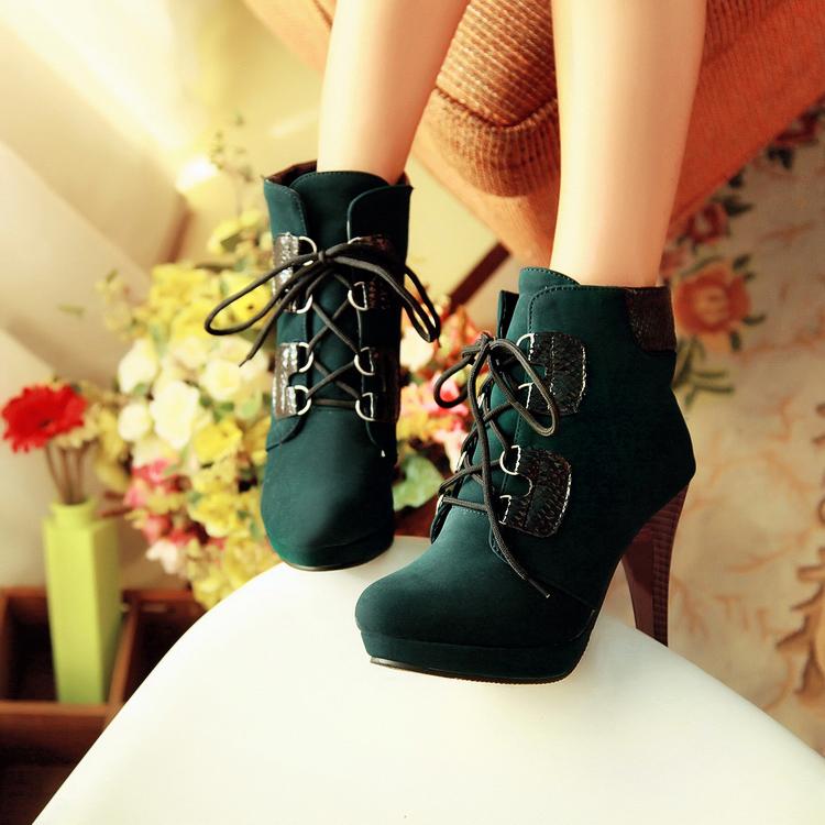 Deep Green Lace Up High Heel Boots on Luulla
